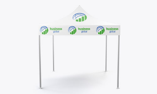 white tradeshow booth tent with green and blue business logo printed on it