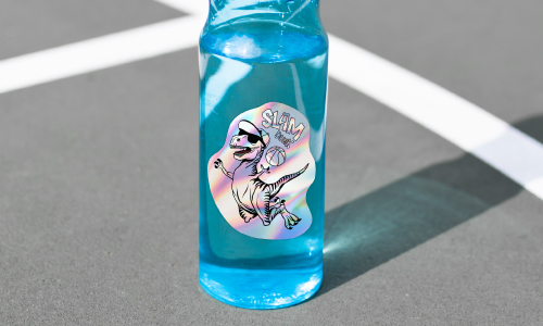 Holographic sticker of a cool dinosaur slam dunk on a water bottle | Decals.com