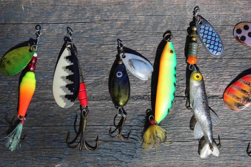 Colorful fishing lures including spinners, rapalas and tailed jigs  on a wood table.