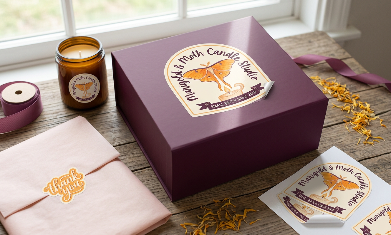 Die-cut vinyl logo decal for the fictional Marigold & Moth Candle Studio sealing a matte plum gift box, beside a kiss-cut thank-you decal on tissue paper and a glass candle jar with a matching round decal.