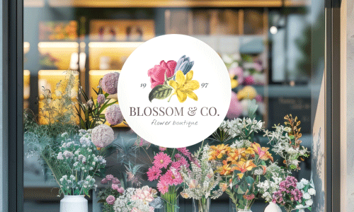 Blossom & Co vinyl sticker logo on window of flower shop | Large Vinyl Stickers | Stickers.com