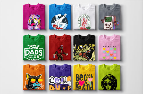 Bunch of different colored custom tshirts with different design and words. 