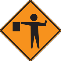  Orange Sign with a black design of a worker holding a flag. | Streetsigns.com 